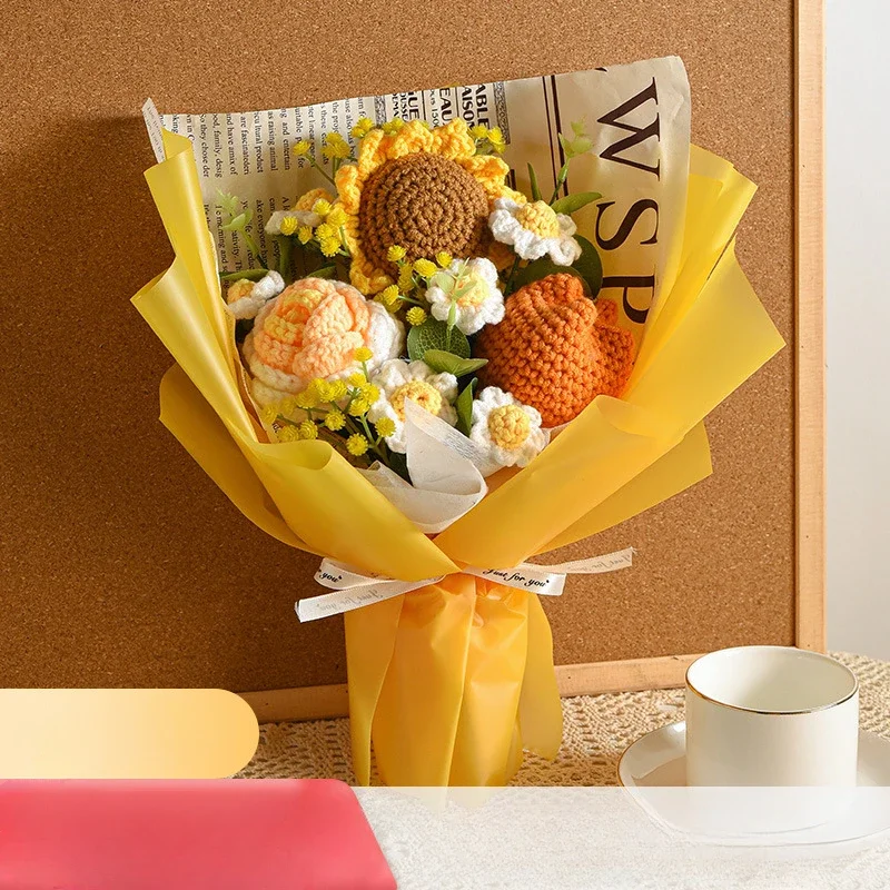 

Hand-Woven Wool Bouquet Finished Sunflower Knitted Flowers Send Birthday Christmas Gift Crocheted Artificial Flowers
