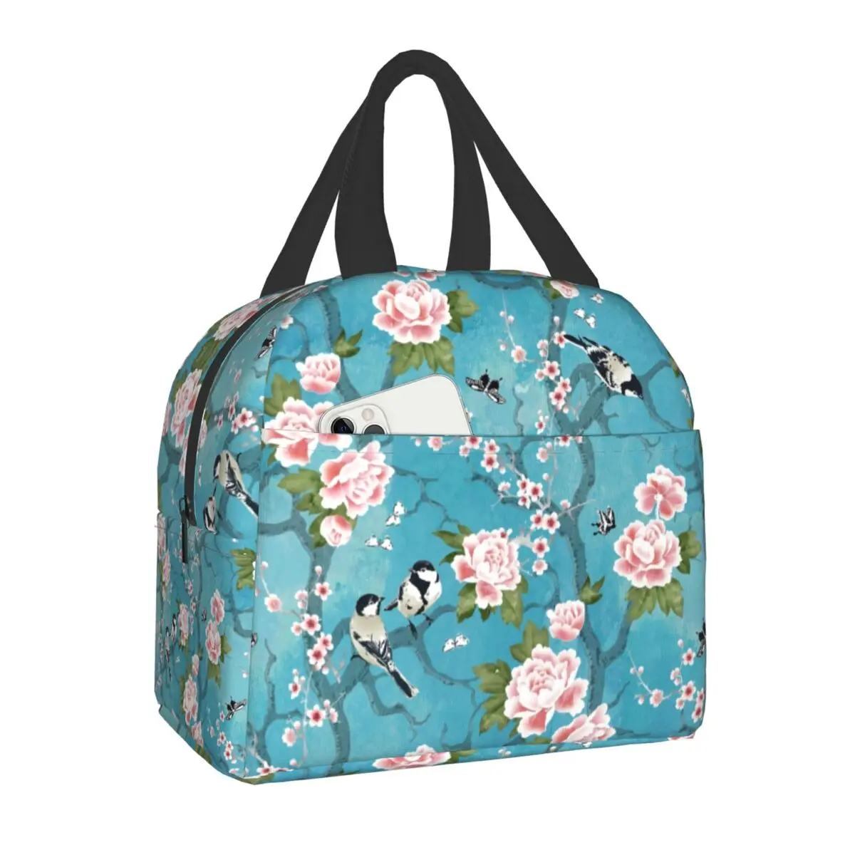 

Chinoiserie Birds Floral Insulated Lunch Bag Peony Sakura Flowers Cherry Blossom Thermal Cooler Lunch Box for Women Kids School