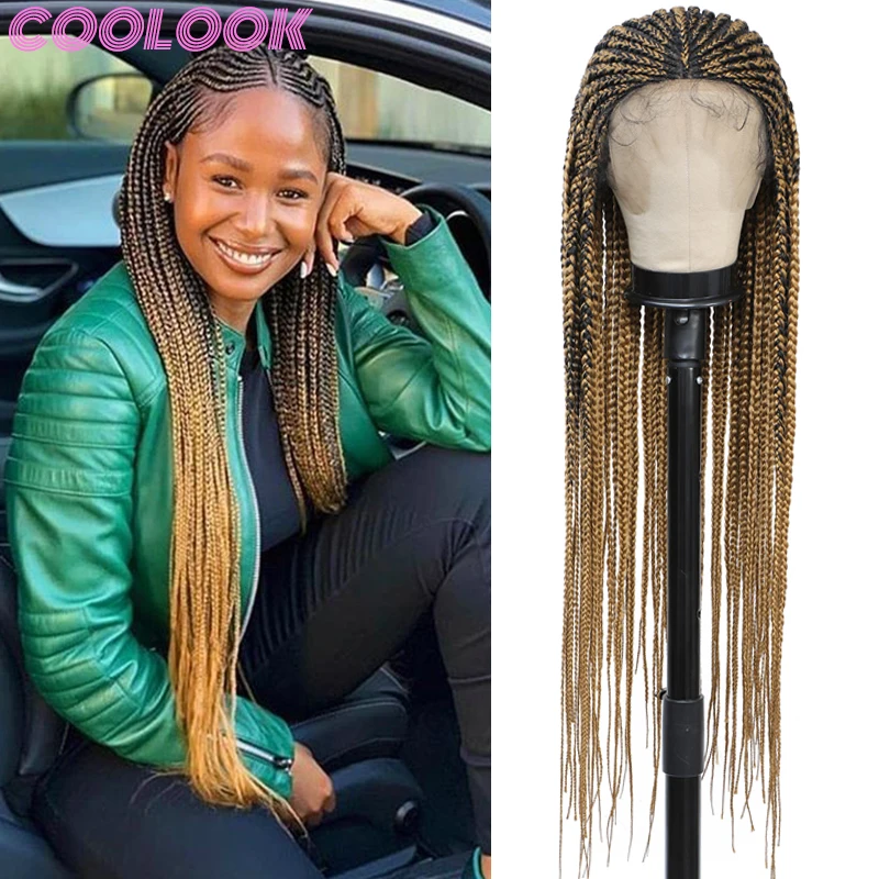 

36inch Long Cornrows Braids Lace Frontal Wig Ombre Brown Box Braid Lace Front Wigs for Women Knotless Braided Synthetic Lace Wig