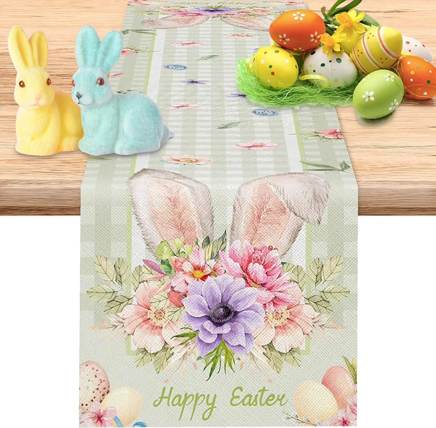 Пасхальная льняная настольная дорожка, праздничное украшение для вечеринки, клетка буйвола, кроличьи уши, пасхальное яйцо, цветок, Пасхальная дорожка, украшение для стола