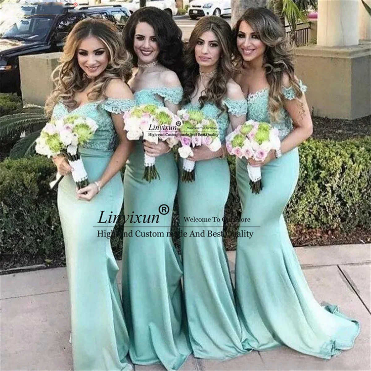 

Sexy Off the Shoulder Lace Mermaid Bridesmaid Dresses Mint Green Lace Top Maid Of Honor Gowns Sumer Beach Wedding Guest Dresses