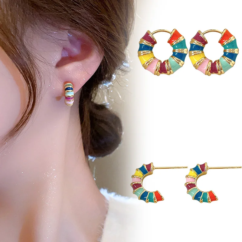 2 Styles Womens Retro French Romantic Alloy Ename Colorful Round Ear Buckle Gold Color Fashion New Rainbow Hoop Earrings
2 Styles Womens Retro French Romantic Alloy Ename Colorful Round Ear Buckle Gold Color Fashion New Rainbow Hoop Earrings
