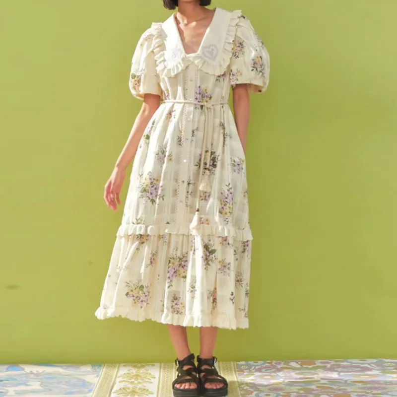 Floral Print Women Embroide midi dress Doll Collar Short Sleeve Ruffled Lace-Up Single Breasted Long Dress
Floral Print Women Embroide midi dress Doll Collar Short Sleeve Ruffled Lace-Up Single Breasted Long Dress