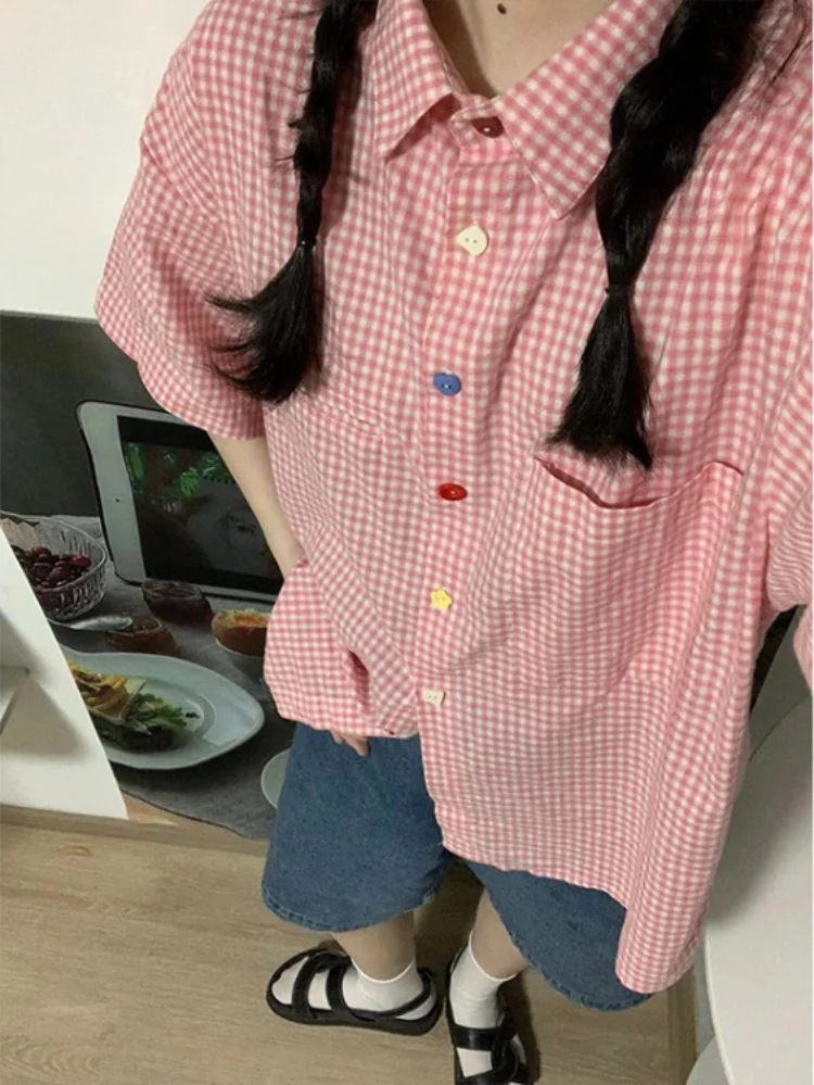 Y2k Aesthetic Pink Plaid Short Sleeve Women Blouse Loose Summer Blusas Vintage Japanese All Match Turn Down Collar Tops Women
Y2k Aesthetic Pink Plaid Short Sleeve Women Blouse Loose Summer Blusas Vintage Japanese All Match Turn Down Collar Tops Women