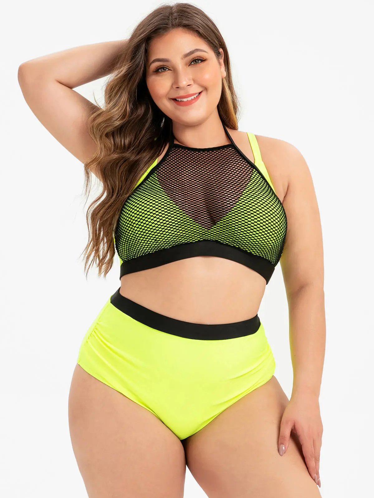 

Plus Size High Waisted Bikini Set Fishnet Overlay Ruched Neon Sportly Push Up Swimsuit Women Beachwear Biquini Two Piece Suits