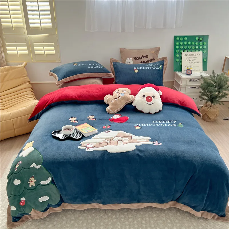 

Комплект постельного белья с вышивкой Санта-Клауса, снеговика, мультяшный комплект теплого флисового пододеяльника, бархатная флисовая простыня, детские рождественские подарки