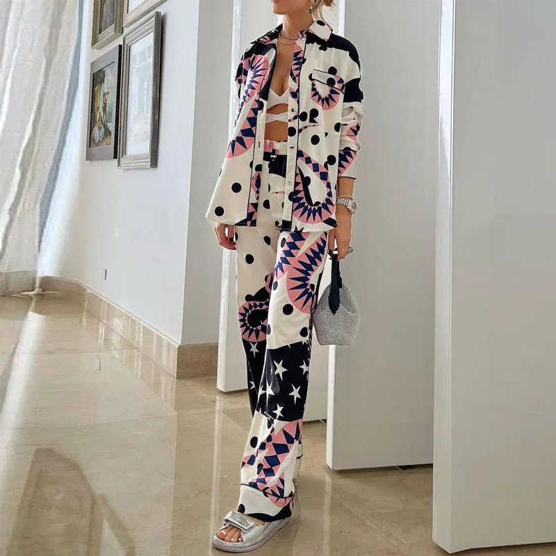 Temperament Fashion Print Long Sleeve Single-Breasted Shirt High Waist Wide Leg Pants Set Women Casual Spring Summer Suit Outfit
Temperament Fashion Print Long Sleeve Single-Breasted Shirt High Waist Wide Leg Pants Set Women Casual Spring Summer Suit Outfit