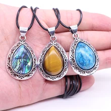 Wholesale Natural Stone Necklace Water Drop Crystal Opal With Leather Chain Fashion Pendants Reiki Healing Gemstones Gift Women