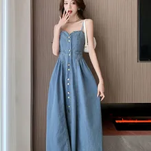 2023 Summer New Vintage Bra Strap Denim Dress High Sense Temperament Slim Long Dress Women