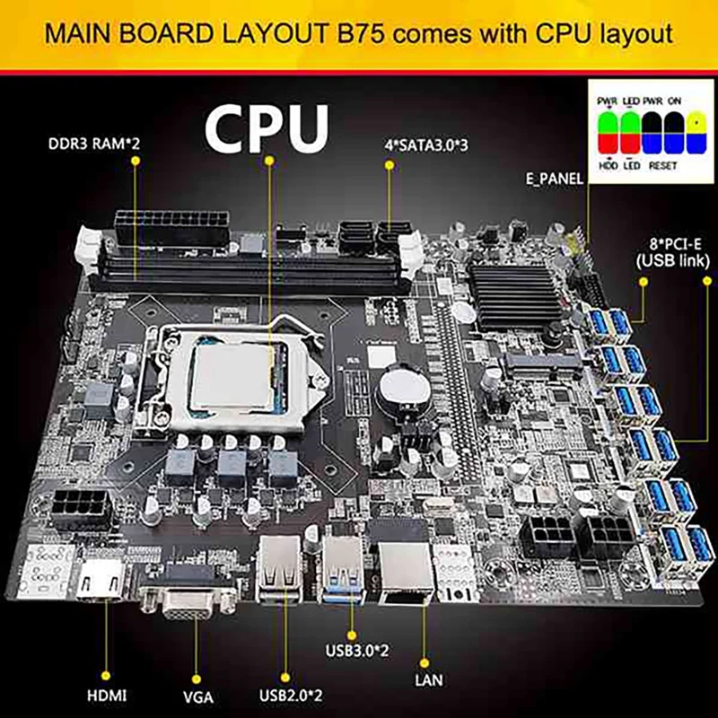 B75 BTC Mining Motherboard With G530-G630 CPU+Thermal Grease+SATA Line 12 USB3.0 To PCIE1X Slot LGA1155 DDR3 RAM SATA3.0
B75 BTC Mining Motherboard With G530-G630 CPU+Thermal Grease+SATA Line 12 USB3.0 To PCIE1X Slot LGA1155 DDR3 RAM SATA3.0