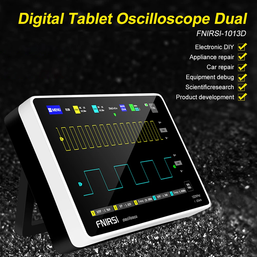 FNIRSI-1013D Digital Tablet Oscilloscope Dual Channel 100M Analog Bandwidth 1GSa/s Sampling Rate Mini Oscilloscope Touch Screen
FNIRSI-1013D Digital Tablet Oscilloscope Dual Channel 100M Analog Bandwidth 1GSa/s Sampling Rate Mini Oscilloscope Touch Screen