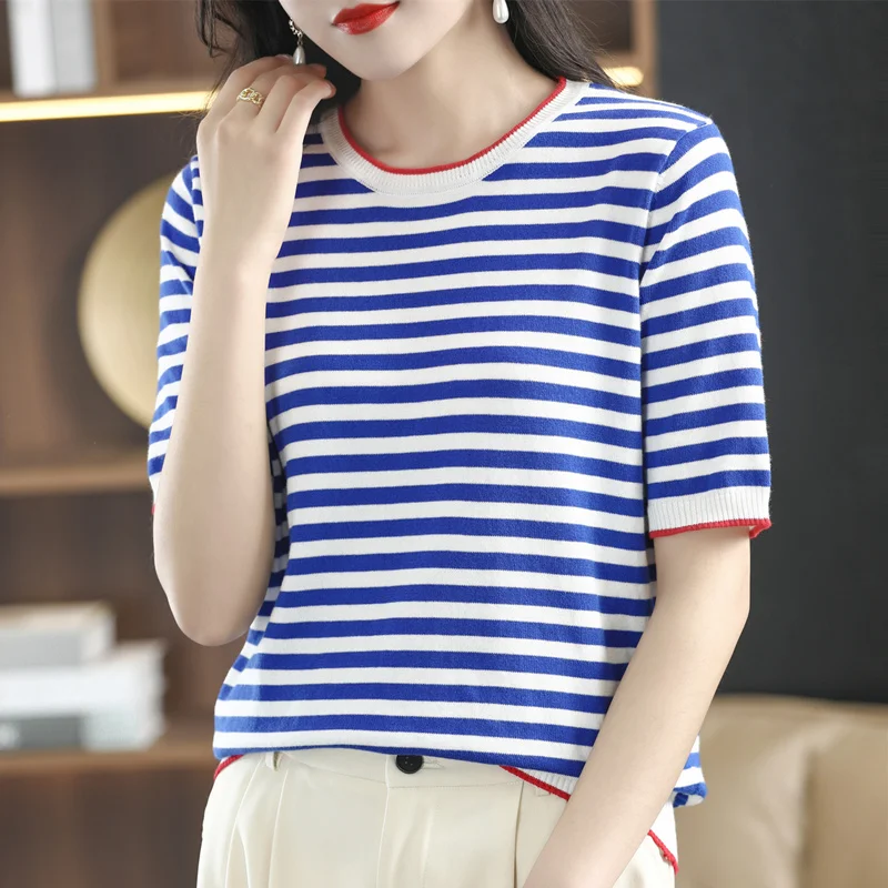 Short sleeve T-shirt female stripes basic chic simple retro cotton O neck trendy loose casual comfortable woman
Short sleeve T-shirt female stripes basic chic simple retro cotton O neck trendy loose casual comfortable woman