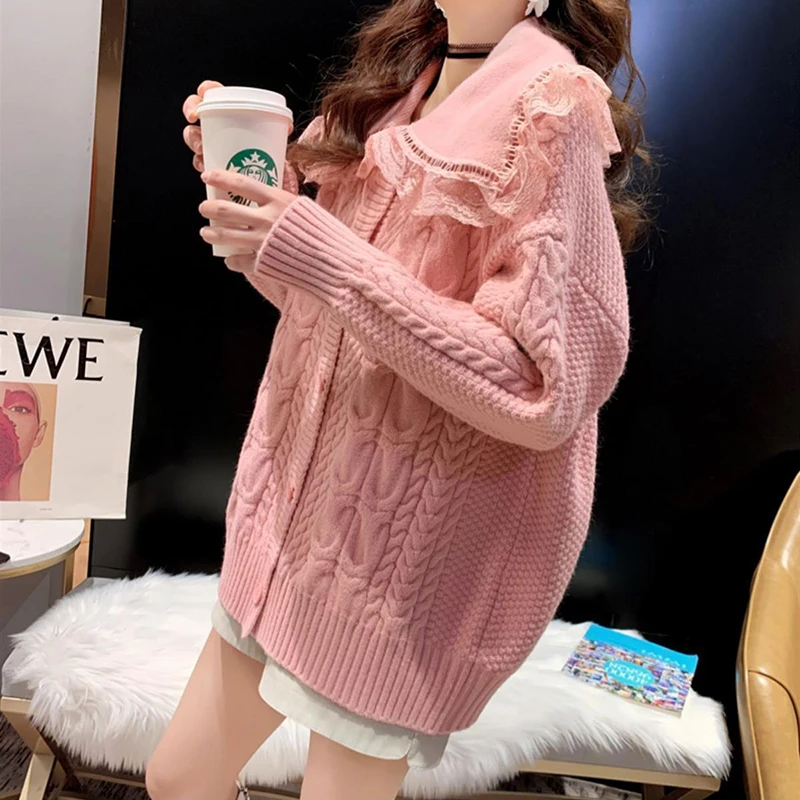 

DAYIFUN Women Solid Cardigans Casual Loose Peter Pan Collar Lace Sweaters Oversize Warm Knitted Coat 2023 Autumn Winter Jackets