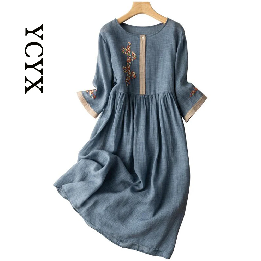 

YCYX women Retro embroidered cotton linen short sleeve dress loose Elegant Mid-length Fashion Summer A-line Party Dress YCYX102