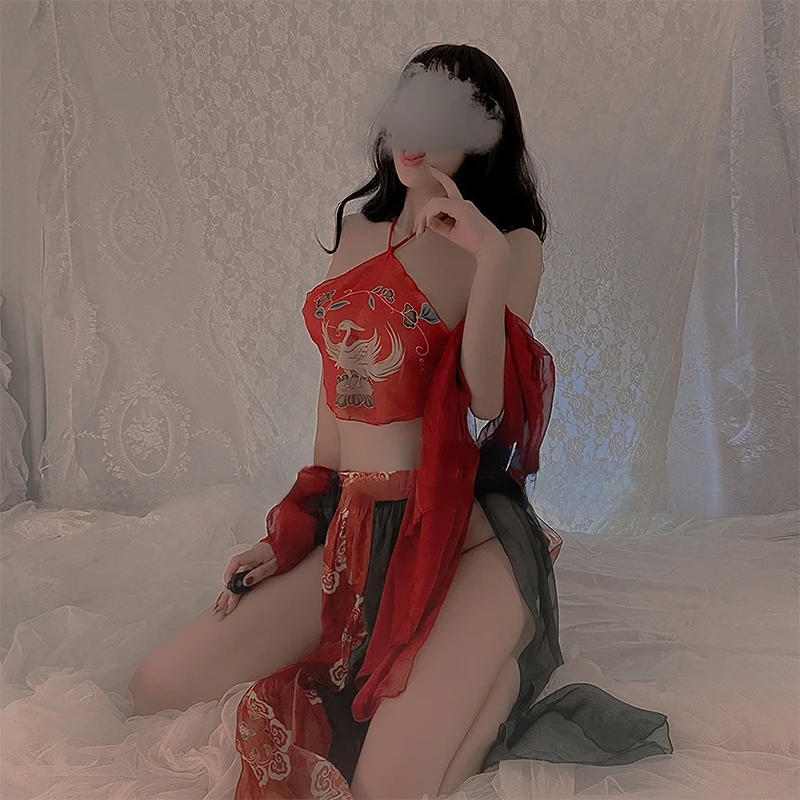 

Retro Hanfu Red Sexy Pajamas Apron Porno China Cheongsam Nightdress Women's Exotic Costumes Chinese Traditional Wedding Dress