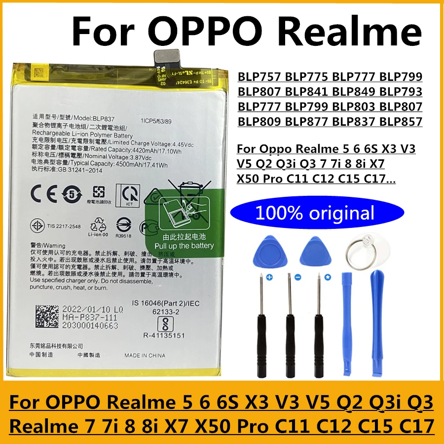 

New Battery for Oppo Realme 5 6 6i 6S X3 V3 V5 Q2 Q3i Q3 7 7i 8 8i X7 X50 Pro C11 C12 C15 C17 BLP757 BLP775 BLP777 BLP771 BLP841