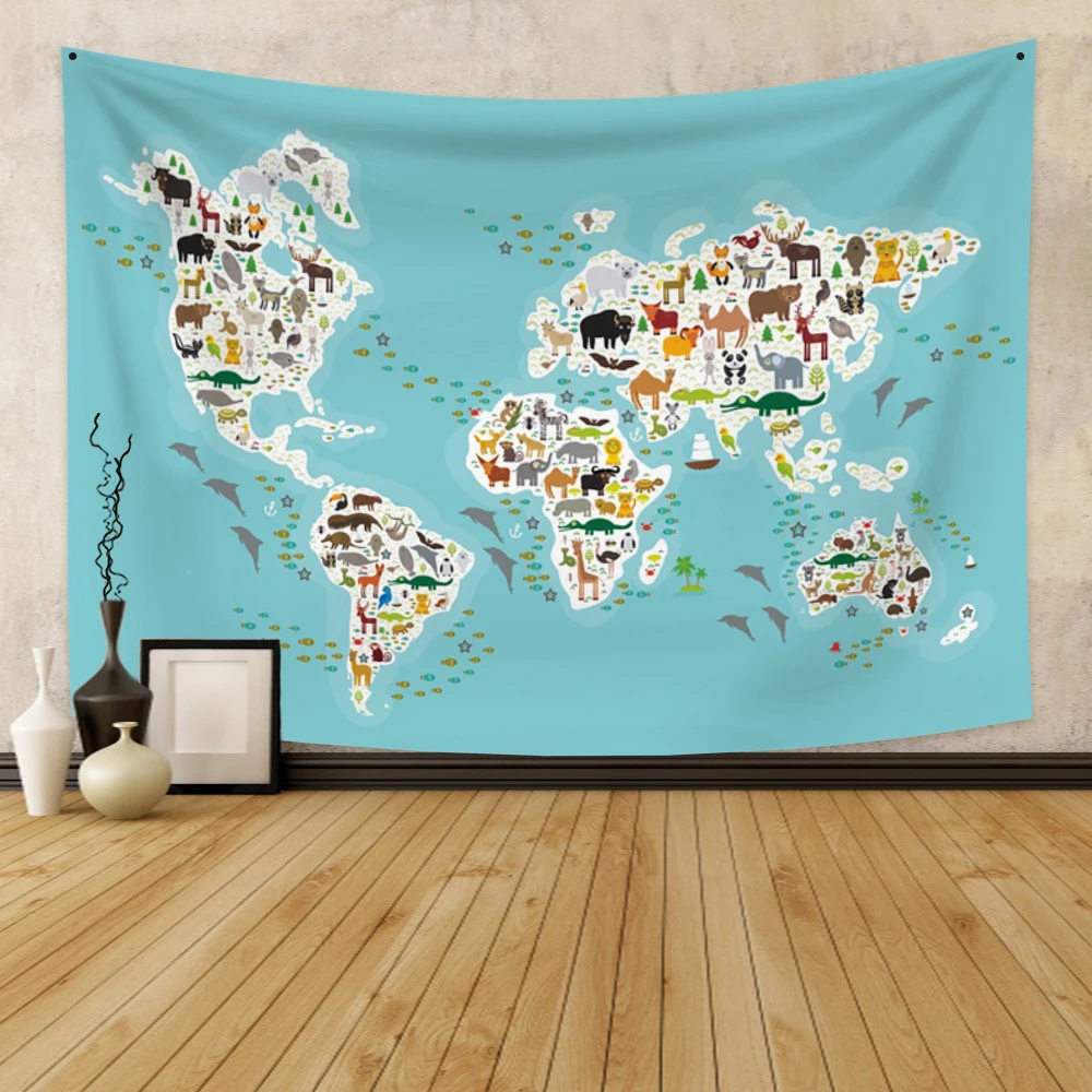 

Cartoon Animals Distribution Map Tapestry Wall Hanging Simple Style Cute Hippie Children Kawaii Room Home Decor