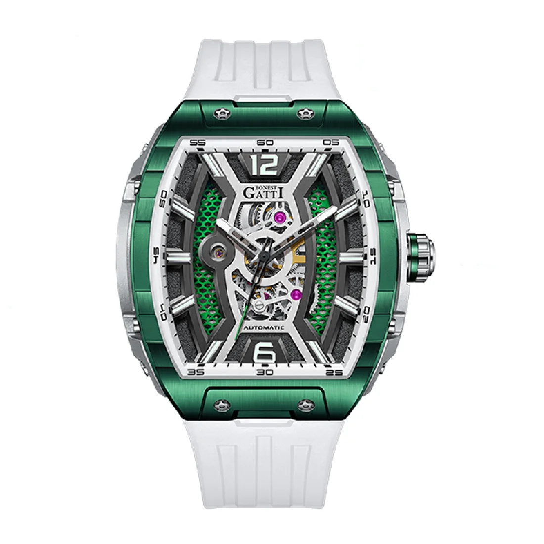 BONEST GATTI Men Automatic Watch Luxury Tonneau Mechanical Wristwatch Skeleton Waterproof Sapphire Luminous Fluororubber Strap
BONEST GATTI Men Automatic Watch Luxury Tonneau Mechanical Wristwatch Skeleton Waterproof Sapphire Luminous Fluororubber Strap