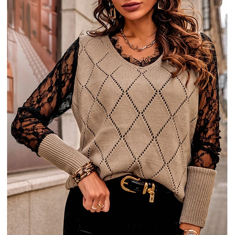 2022 Spring Summer New Eyelash Lace Trim Colorblock Sweater Pullover Full Sleeve Plaid Hollow Out
2022 Spring Summer New Eyelash Lace Trim Colorblock Sweater Pullover Full Sleeve Plaid Hollow Out