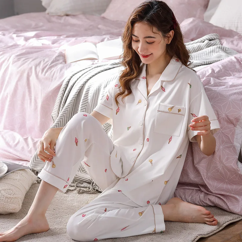 2021 New Pajamas Women Summer Schlafanzug Damen Loose Cotton Pajamas Silk Short-sleeved Trousers Home Clothes Thin Cute Suit
2021 New Pajamas Women Summer Schlafanzug Damen Loose Cotton Pajamas Silk Short-sleeved Trousers Home Clothes Thin Cute Suit