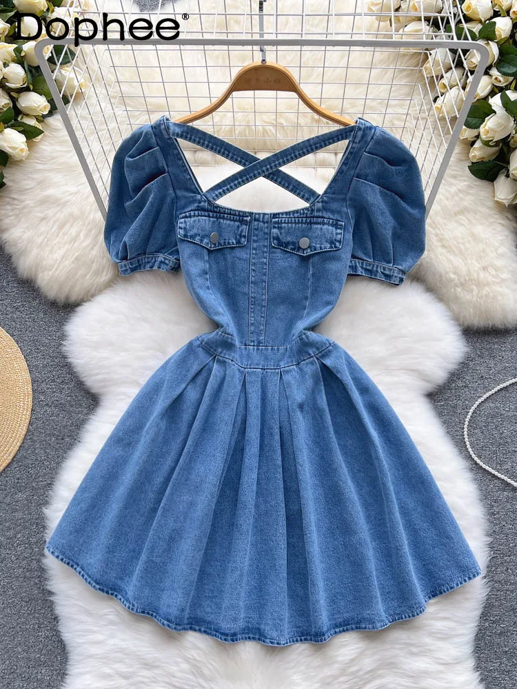 2022 new square collar short lantern sleeves blue denim slim A-line pullover dress female sweet vestido
2022 new square collar short lantern sleeves blue denim slim A-line pullover dress female sweet vestido
