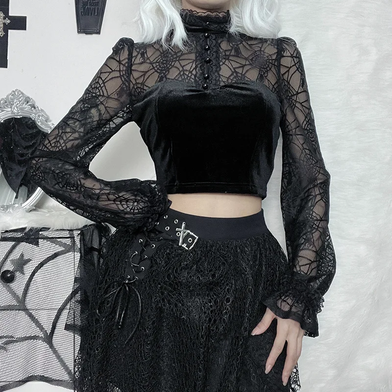 Gothic Dark Wind Spider Web Perspective Tops Women's Y2K Black Lace Panel Button Turtleneck T-shirt Fashion 2023 Women Clothing
Gothic Dark Wind Spider Web Perspective Tops Women's Y2K Black Lace Panel Button Turtleneck T-shirt Fashion 2023 Women Clothing