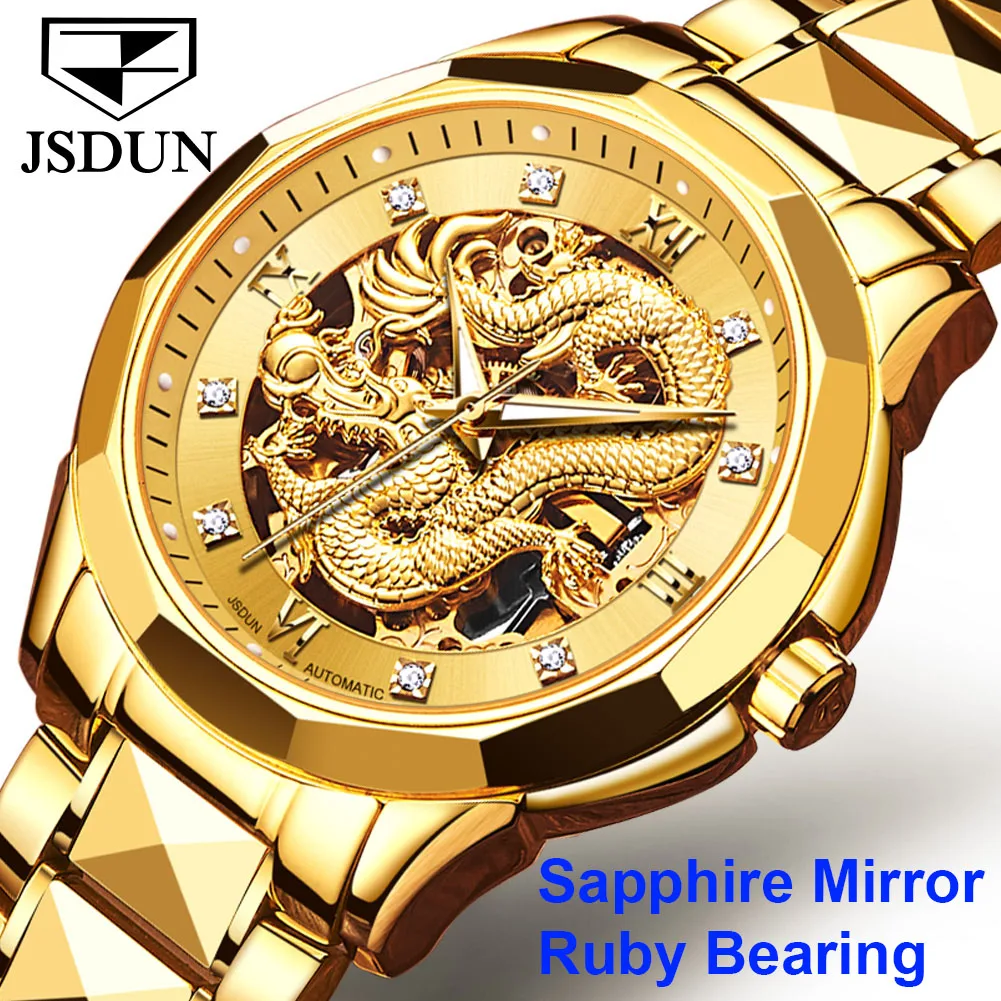 

2023 JSDUN Men's Automatic Mechanical Watches Swiss Certificated Watch Embossed Gold Dragon Ruby Bearing Watch Sapphire 8840