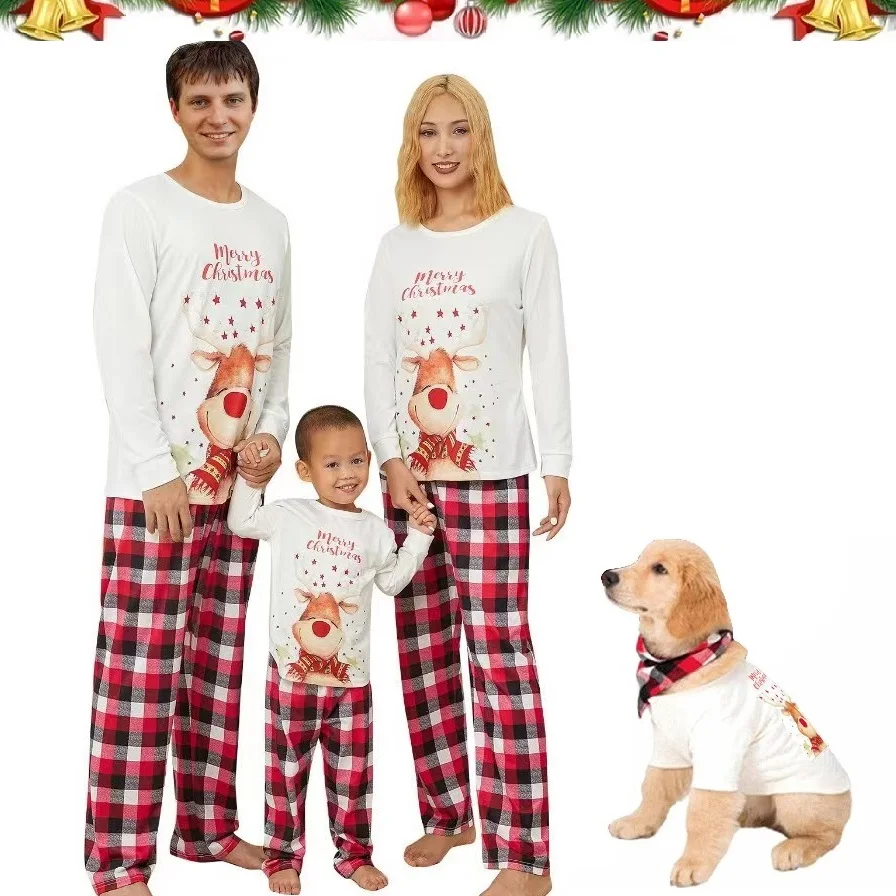 

2022 Cute Deer Christmas Family Matching Pajamas Set Daddy Mommy and Me Xmas Pj's Clothes Father Mother Kids Dog Pyjamas Outfits