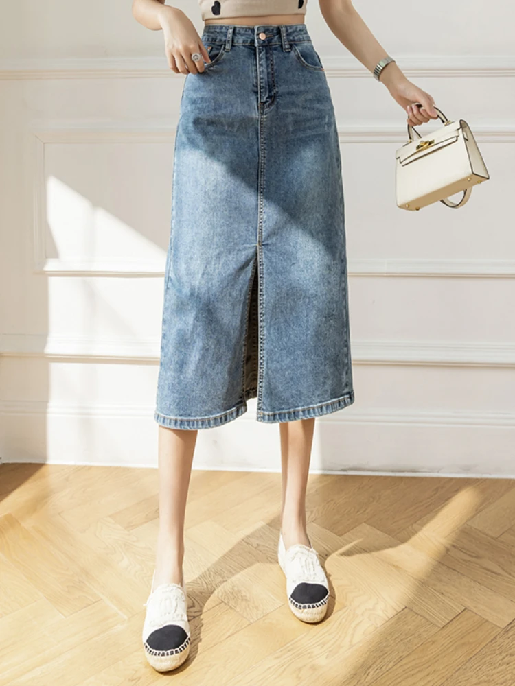 

LY VAREY LIN New Summer Split Denim Skirts Women Fashion Buttons High Waist A-line Skirts Lady Casual Solid Color Jean Skirt