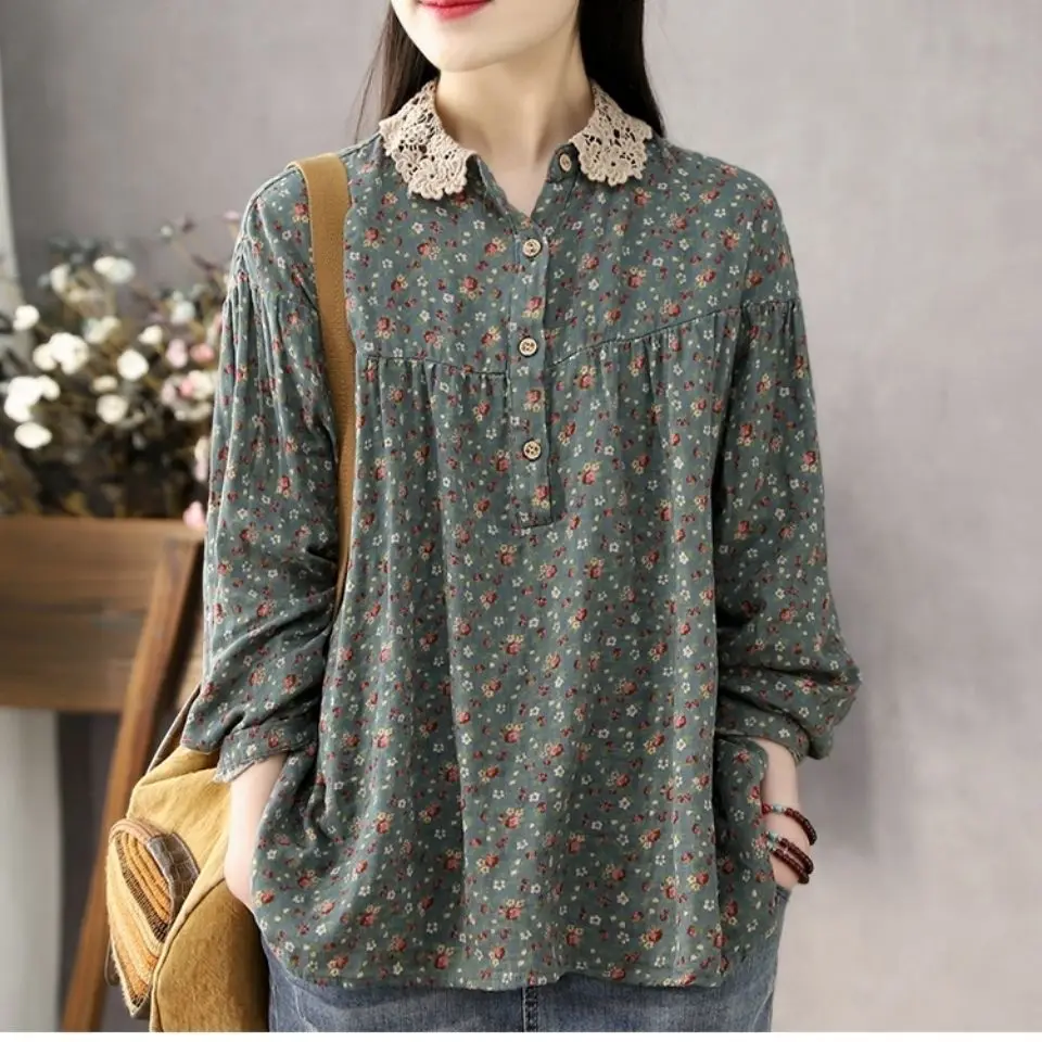 Cotton Linen Small Floral Vintage Shirts Women Lace Doll Collar Pullover Shirts Long Sleeve Linen Tops 4XL
Cotton Linen Small Floral Vintage Shirts Women Lace Doll Collar Pullover Shirts Long Sleeve Linen Tops 4XL