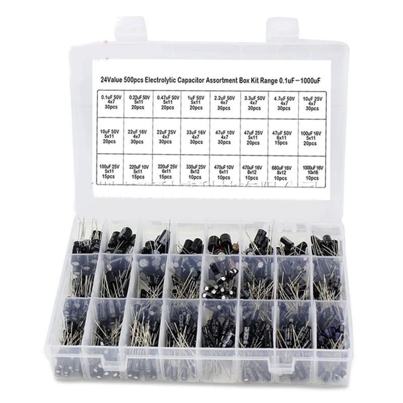 500PCS 24 Values Aluminum Electrolytic Capacitor Kit 0.1uF - 1000uF 50V Capacitors Assortment Box Drop Shipping
500PCS 24 Values Aluminum Electrolytic Capacitor Kit 0.1uF - 1000uF 50V Capacitors Assortment Box Drop Shipping