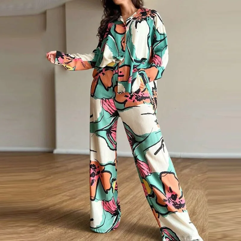 Casual Spring Summer Loose Outifts Suit Fashion Print Long Sleeve Single-Breasted Women Shirt With High Waist Wide Leg Pants Set
Casual Spring Summer Loose Outifts Suit Fashion Print Long Sleeve Single-Breasted Women Shirt With High Waist Wide Leg Pants Set