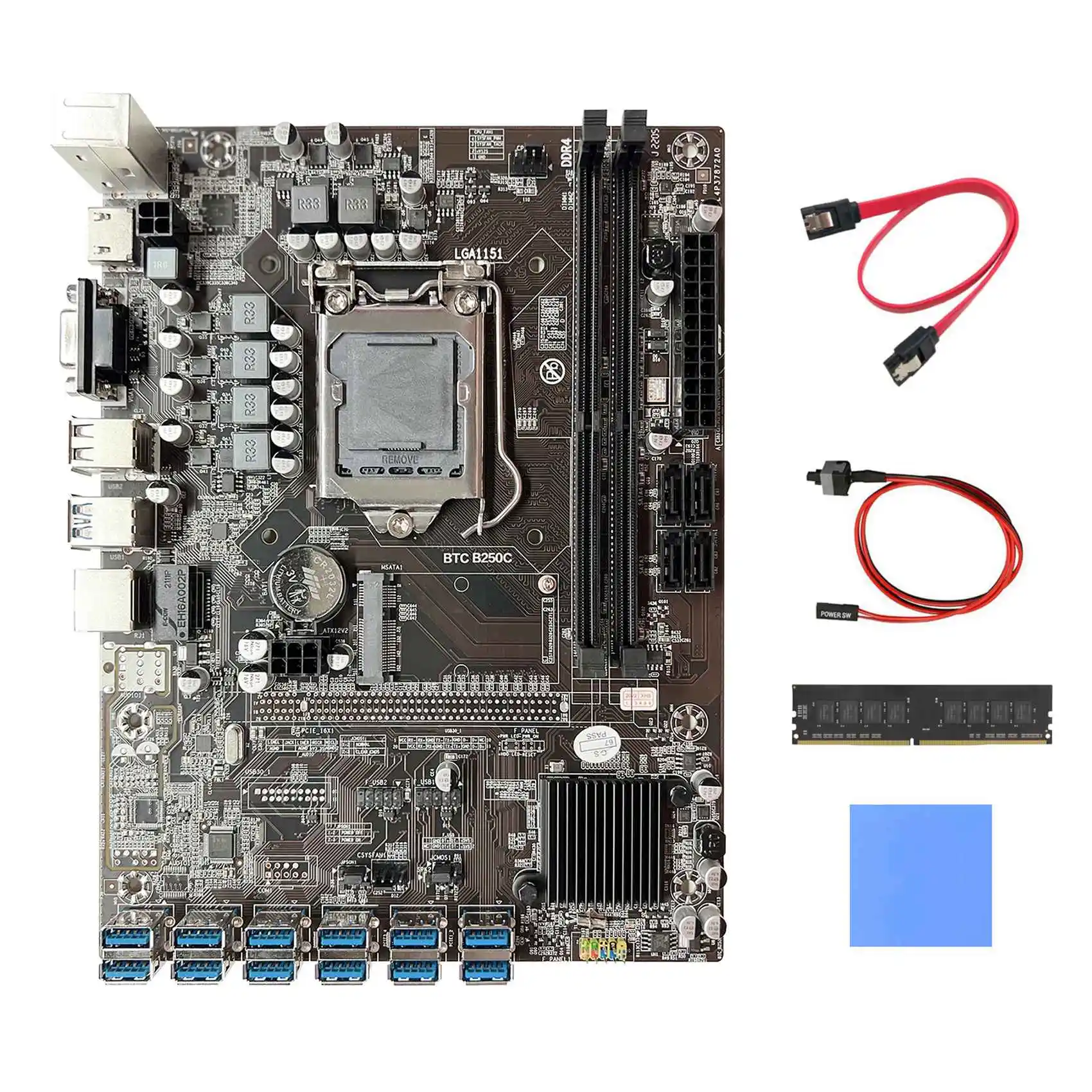 B250C BTC Mining Motherboard with DDR4 4GB RAM+SATA Cable+Switch Cable+Thermal Pad 12X PCIE to USB3.0 GPU Slot LGA1151
B250C BTC Mining Motherboard with DDR4 4GB RAM+SATA Cable+Switch Cable+Thermal Pad 12X PCIE to USB3.0 GPU Slot LGA1151