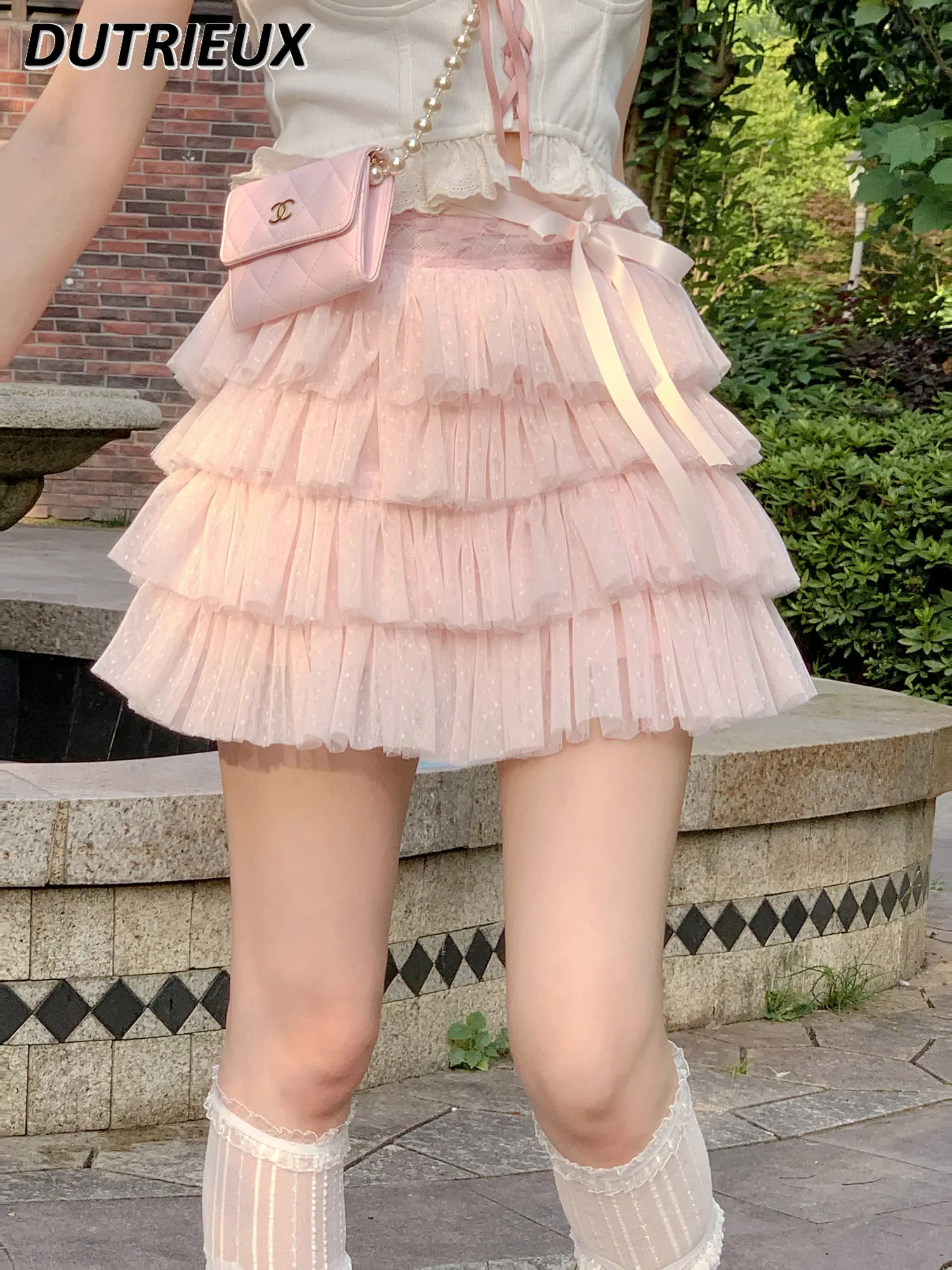 

Sweet Cute Lolita Style Mini Skirt for Girl Mesh Polka Dot Bow High Waist Skirt Lace-up Pettiskirt Summer Women's Mini Skirt