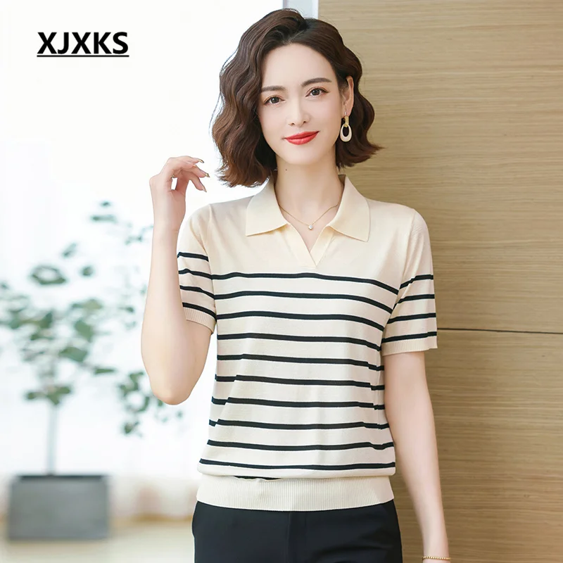 XJXKS, Новинка лета 2023, модные топы с отложным воротником и короткими рукавами, красивая мягкая футболка в полоску, женская рубашка
XJXKS, Новинка лета 2023, модные топы с отложным воротником и короткими рукавами, красивая мягкая футболка в полоску, женская рубашка