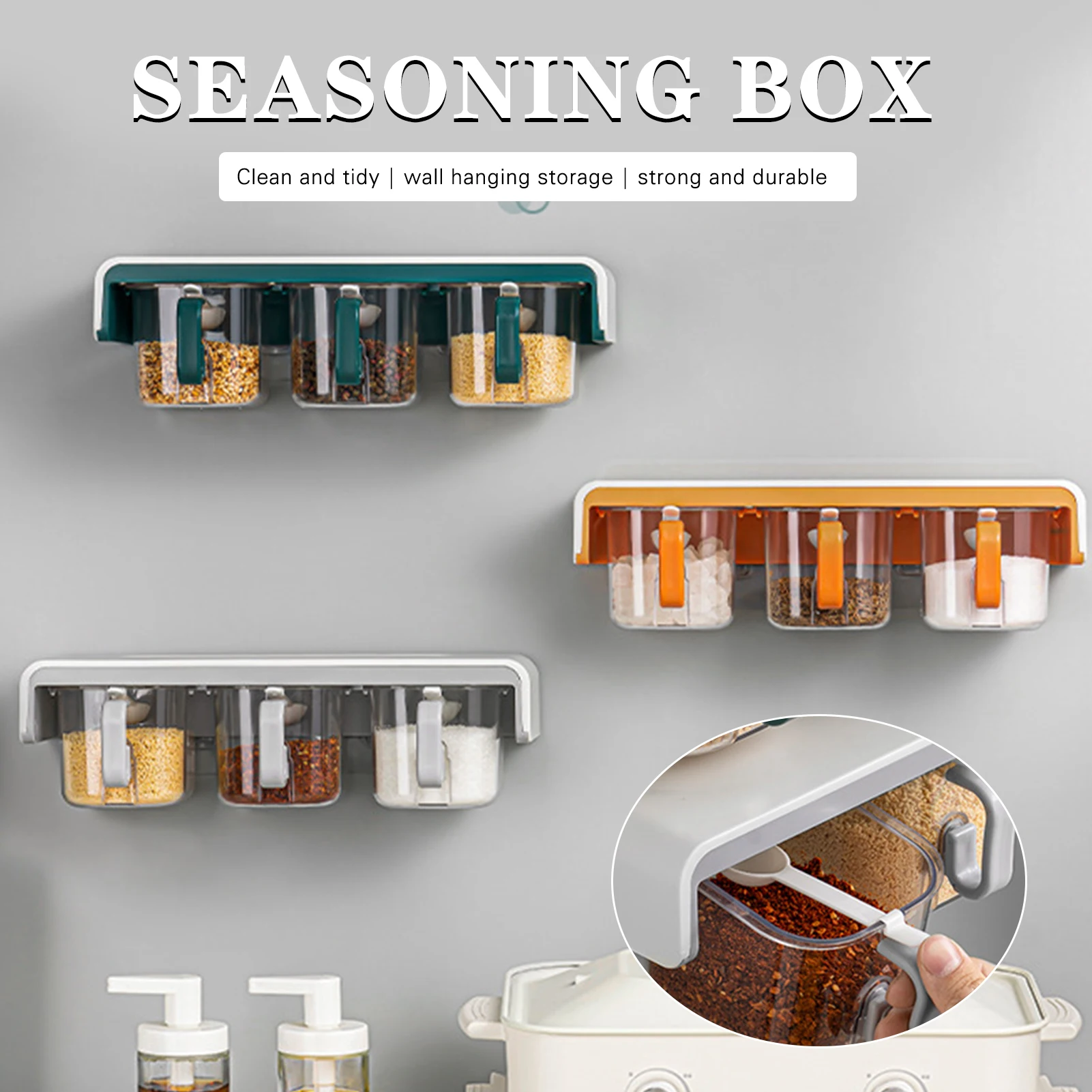 Wall-mounted Seasoning Box Household Spice Box Seasoning Jar Storage Box With Spoons Multi-compartment Punch-Free JS22
Wall-mounted Seasoning Box Household Spice Box Seasoning Jar Storage Box With Spoons Multi-compartment Punch-Free JS22