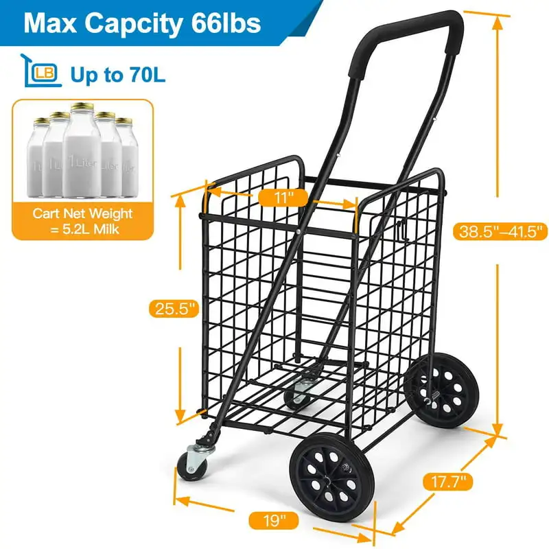 Luxurious Jumbo Rolling Utility Cart, Grocery Shopping Cart With Adjustable Handle and Swivel Wheels, Black
Luxurious Jumbo Rolling Utility Cart, Grocery Shopping Cart With Adjustable Handle and Swivel Wheels, Black