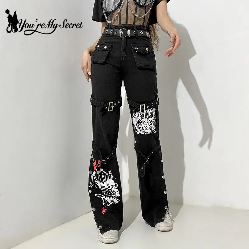 

[You're My Secret] Punk Black Buckle Pants Skull Print Harajuku High Waist Pocket Trousers Goth Mall Grunge Cargo Pants Techwear
