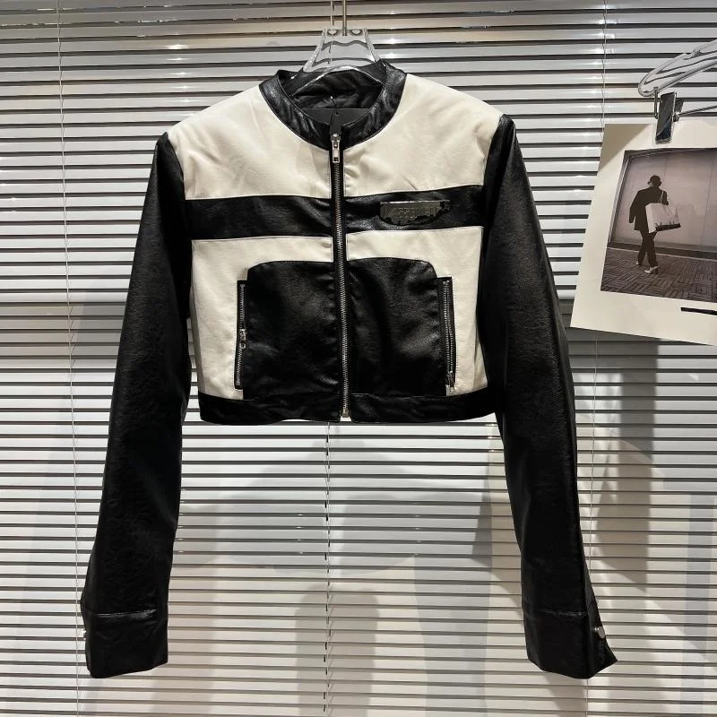 Women's 2022 Autumn Winter Street Motorcycle Black White Contrast Color Shoulder Pad Jacket
Women's 2022 Autumn Winter Street Motorcycle Black White Contrast Color Shoulder Pad Jacket