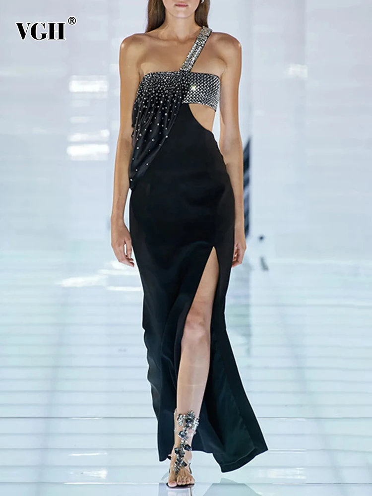 VGH Spliced Diamonds Evening Dresses For Women Diagonal Collar Sleeveless Backless High Wasit Hollow Out Split Tigh Dress Female
VGH Spliced Diamonds Evening Dresses For Women Diagonal Collar Sleeveless Backless High Wasit Hollow Out Split Tigh Dress Female