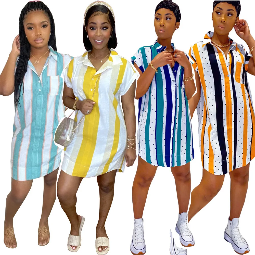 European and American large size striped polka dot print short-sleeved casual shirt short dress
European and American large size striped polka dot print short-sleeved casual shirt short dress