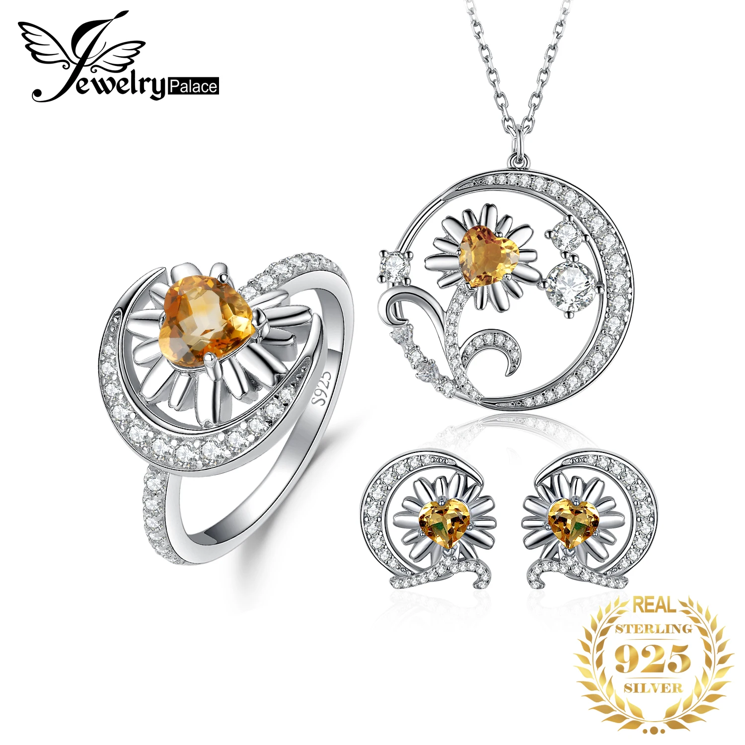JewelryPalace Daisy Heart Cut Genuine Citrine 925 Sterling Silver Ring Earrings Pendant Necklace Jewelry Set for Woman
JewelryPalace Daisy Heart Cut Genuine Citrine 925 Sterling Silver Ring Earrings Pendant Necklace Jewelry Set for Woman