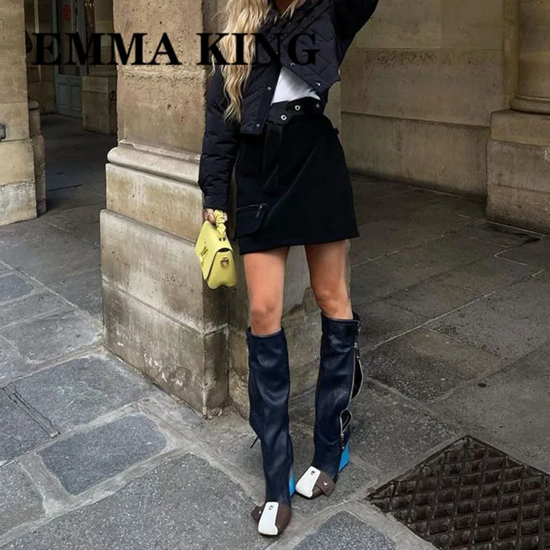 2022 Patchwork Leather Multicolor Wedge Knee-high Boots Square Toe Folde Straps Grained Knight Boots Women Ruwany Botas De Mujer 
2022 Patchwork Leather Multicolor Wedge Knee-high Boots Square Toe Folde Straps Grained Knight Boots Women Ruwany Botas De Mujer