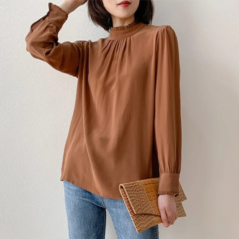 Women 100% Mulberry Silk Crepe Silk Chocolate Color Ruffles Stand Collar Long Sleeve Shirt Top Blouse Office Work MM169
Women 100% Mulberry Silk Crepe Silk Chocolate Color Ruffles Stand Collar Long Sleeve Shirt Top Blouse Office Work MM169