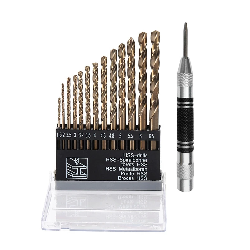 13Pc 1.5-6.5Mm Round Shank Twist Drill Bit Set Titanium Coated Hole Cutter High Speed Steel Drill Bit With Center Punch
13Pc 1.5-6.5Mm Round Shank Twist Drill Bit Set Titanium Coated Hole Cutter High Speed Steel Drill Bit With Center Punch