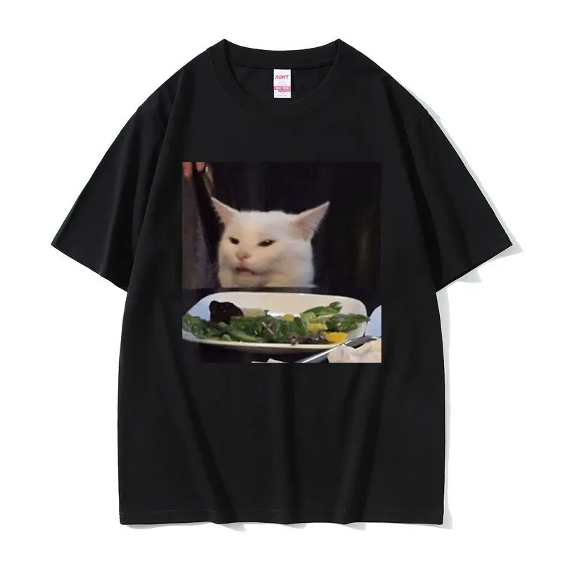 

Funny Dinner Cat Meme T Shirt Short Sleeve Internet Yelling Confused Tshirt Regular Men Women Loose Cotton Oversized T-shirts