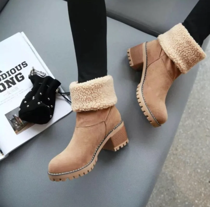 Winter Womens Black Beige Plush Lining Shoes Ankle Boots Med Heel Chunky Heels Shoes Warm Boot Metal Decoration Boots for Women 
Winter Womens Black Beige Plush Lining Shoes Ankle Boots Med Heel Chunky Heels Shoes Warm Boot Metal Decoration Boots for Women