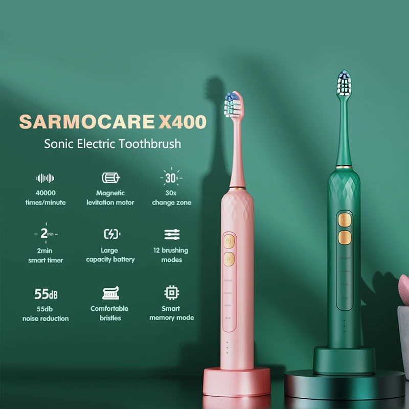 

SARMOCARE X400 ультразвуковая Ультразвуковая электрическая зубная щетка USB перезаряжаемая IPX7 Водонепроницаемая зубная щетка с 4/8 сменными головками