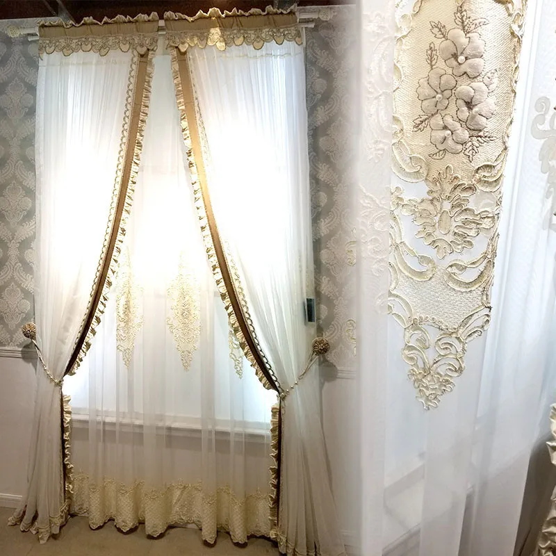 European Luxury Beige Embossed Flower Tulle Curtain Delicate Gold Thread Embroidered Pearl Sheer Drapes For Living Room Bedroom5
European Luxury Beige Embossed Flower Tulle Curtain Delicate Gold Thread Embroidered Pearl Sheer Drapes For Living Room Bedroom5