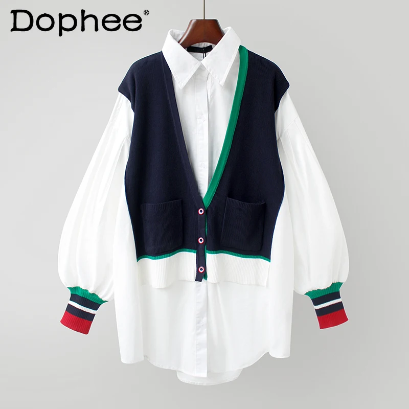 French Lapel Knitted Stitching Shirt for Women 2022 Spring Loose Mid-Length Long Sleeve Button Thin Blouse Fake Two-Piece Tops
French Lapel Knitted Stitching Shirt for Women 2022 Spring Loose Mid-Length Long Sleeve Button Thin Blouse Fake Two-Piece Tops